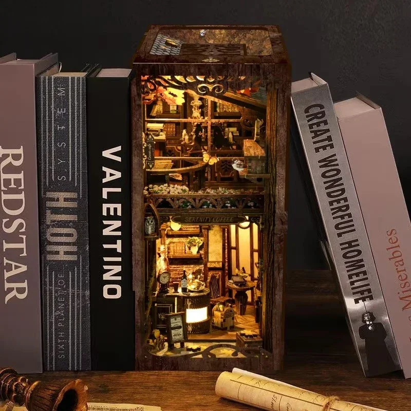 Diy Wooden Book Nook Kit Shelf Insert - Serenity Kahve Evi Kitaplık Ev Dekorasyonu,